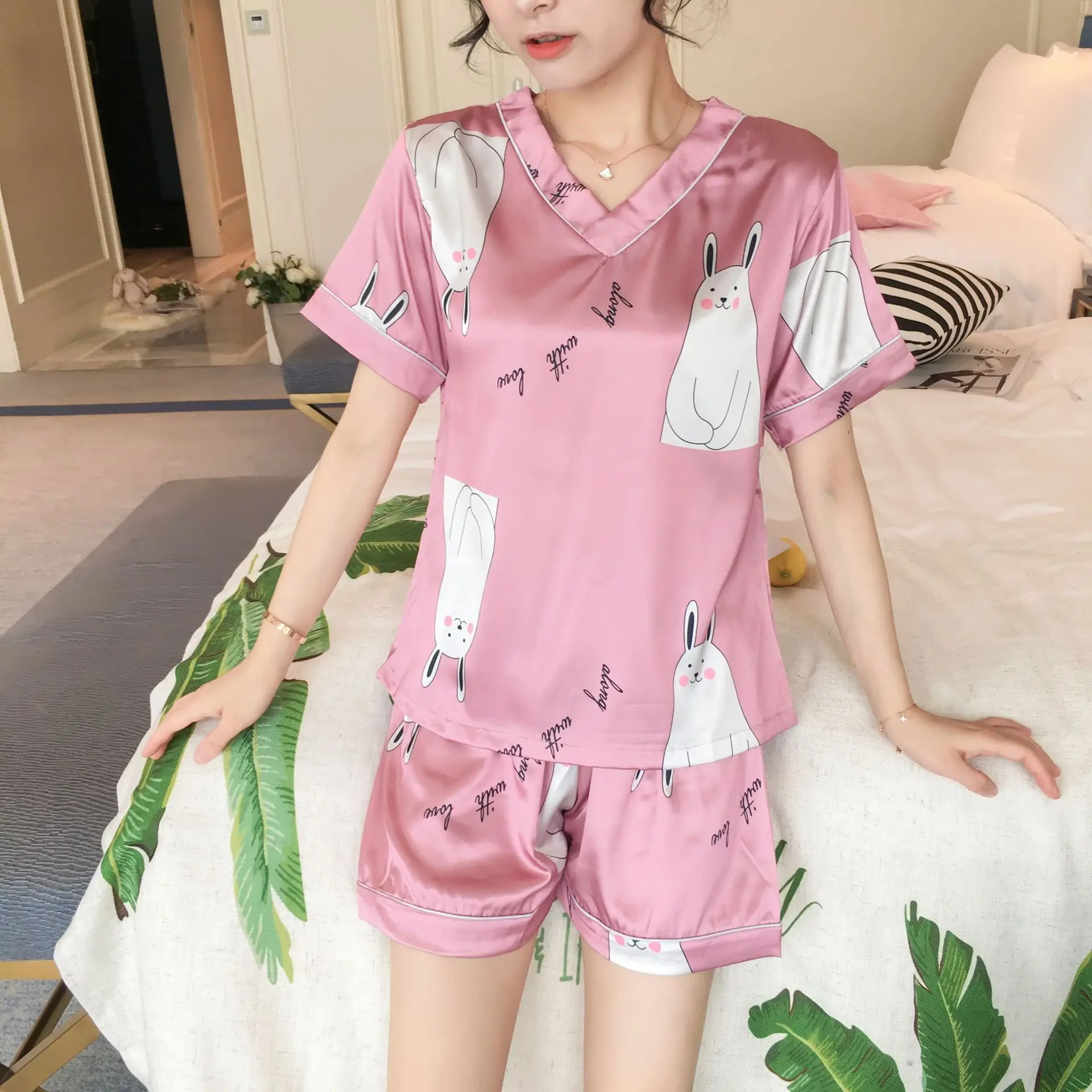 Pajama girls summer ice silk short sleeves two pieces of suit Korean fresh sweet lovely students thin silk home clothes