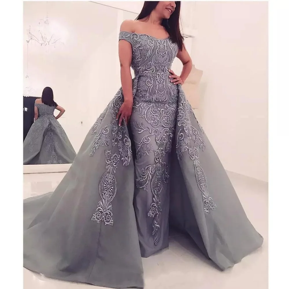 robe de soiree 2018 Gray Embroidery Evening Dresses Long Straight with Detachable Train Saudi Arabic Formal Prom Gown | Свадьбы и