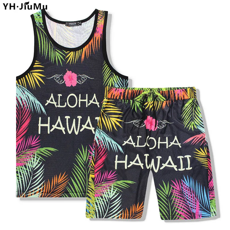 YH. Jiumu Лето Для мужчин Майки Шорты для женщин Print Hawaiian письмо отдых на берегу моря