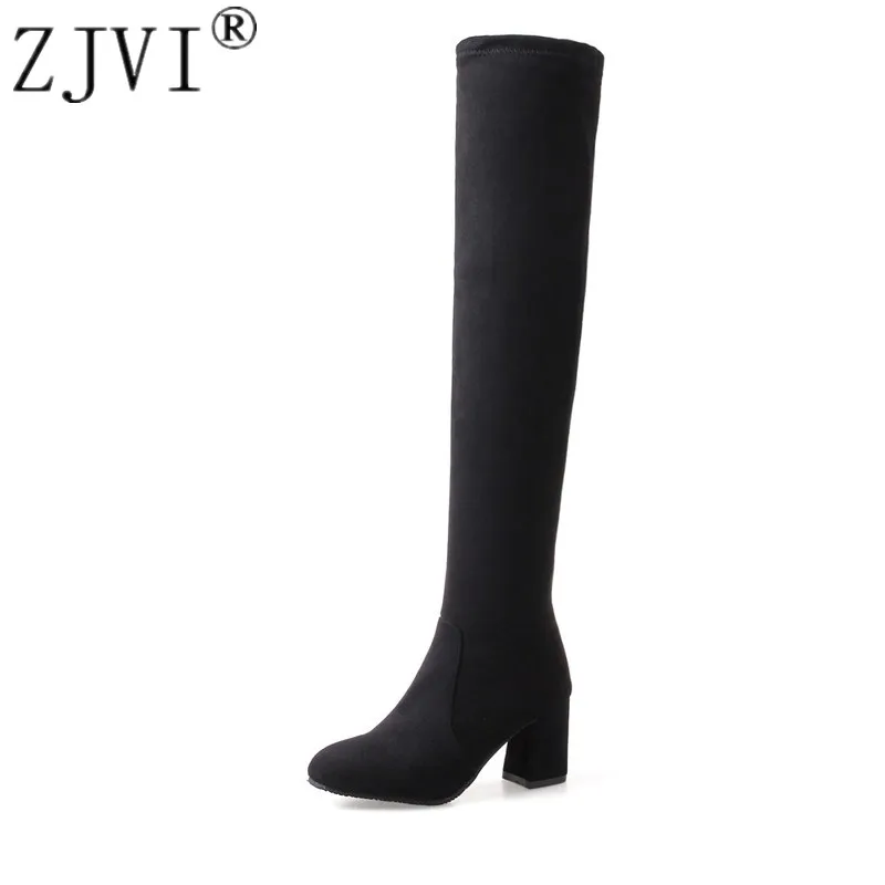 

ZJVI Women Over The Knee Boots Womens Thigh High Boots 2022 Sexy Woman Suede Nubuck Square High Heels Ladies Autumn Winter Shoes