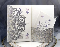 100setlot glitter invitation card with 2pcs blank inner card laser cut pattern can printing words