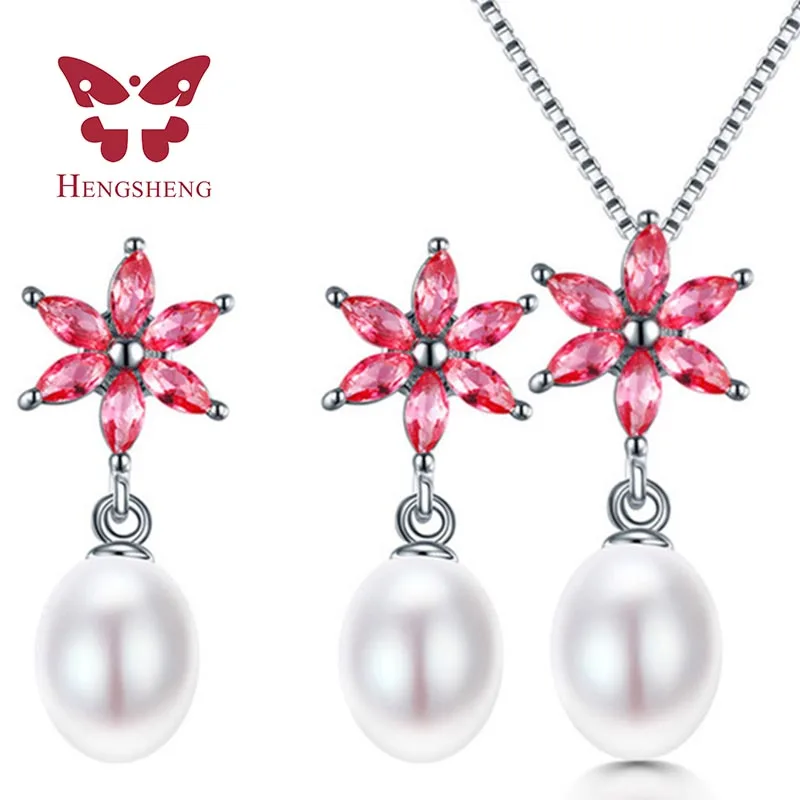 

HENGSHENG Simple Design Genuine Natural Freshwater Pearl Pendant Necklaces& Earrings Sets Pure Chain Women