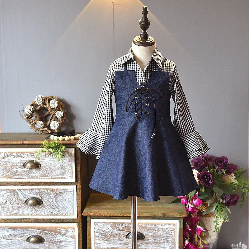 Комплект с платьем для девочек черно белая блузка рубашка джинсами комбинезон