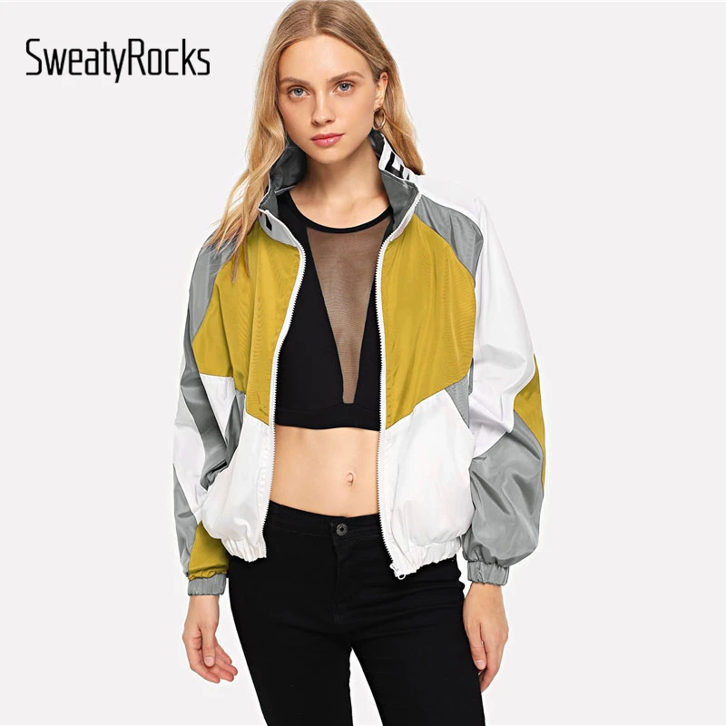 SweatyRocks куртка на молнии с буквенным принтом и цветными блоками, спортивная одежда, осенняя куртка-бомбер со стоячим воротником, женские осенние повседневные пальто