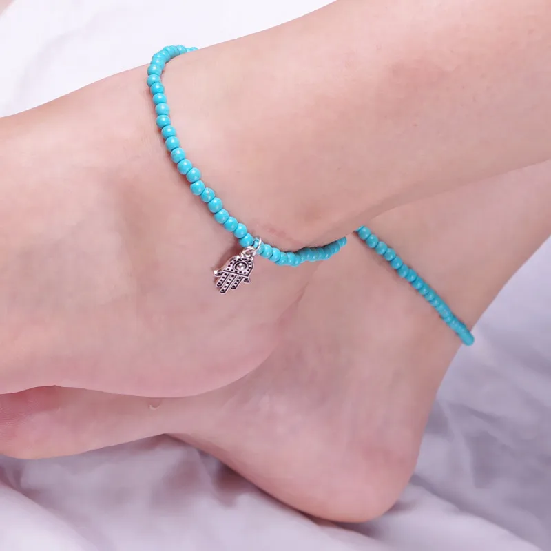 Simple Blue or White Beads Belt Anklet with Hand Pendant for Women Gift | Украшения и аксессуары
