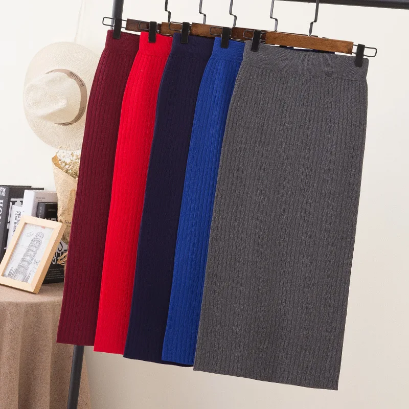 LE CELEBRE Knitting Cotton Women Pencil Skirt 2018 Solid Color Autumn OL Skirts for Lady High Waist Midi Female Red Black | Женская
