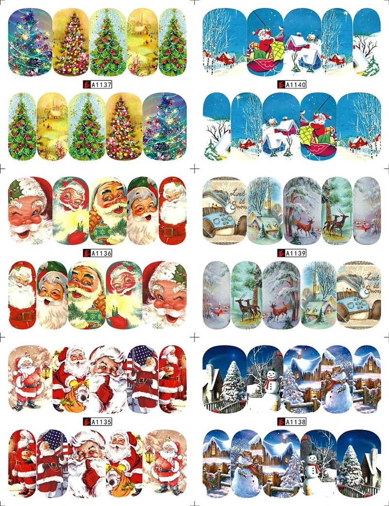 12 листов красивых рождественских водных переводных наклеек для ногтей наклейки