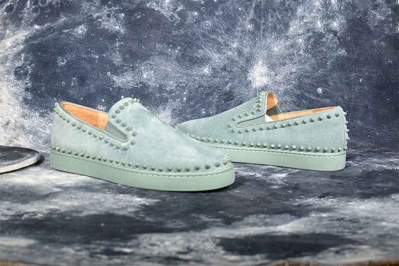 Suede Leather Pattern Flats Men Studded Spikes Red Thick Sole Loafers Male Round Toe Slip On Casual Shoes Rivets Green 48 | Обувь
