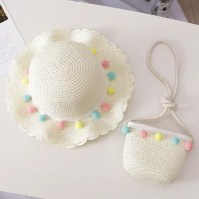 milky white hat bag Высококачественные милые соломенные шляпы для девочек, цветные Бальные летние солнечные шляпы для детей, детские пляжные шляпы, солнцезащитный козырек(шляпа+ сумка, два комплекта - Цвет: milky white hat bag