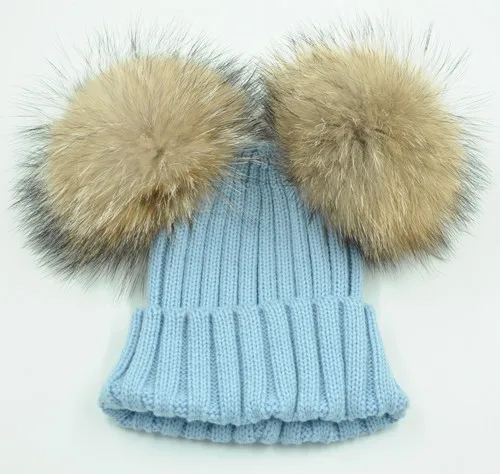 Blue natural fur Зимняя Шапка-бини с двумя помпонами из меха енота, женская зимняя Осенняя Вязаная Шапка-бини, женская меховая шапка с помпоном из 2 натурального меха - Цвет: Blue natural fur