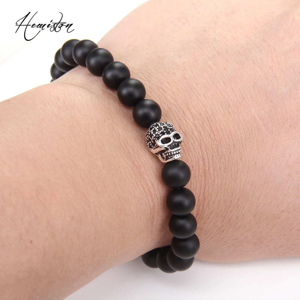Браслет с черепом Томаса и бусинами из матового черного обсидиана европейские