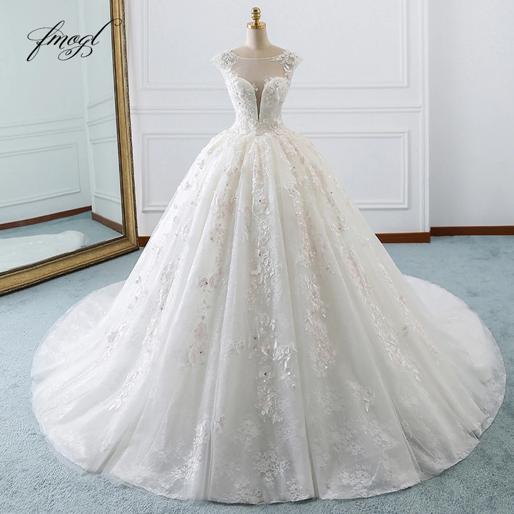 Fmogl Vestido De Noiva Принцесса бальное платье Свадебные платья аппликации бисером цветы Часовня Поезд Кружева Свадебное платье