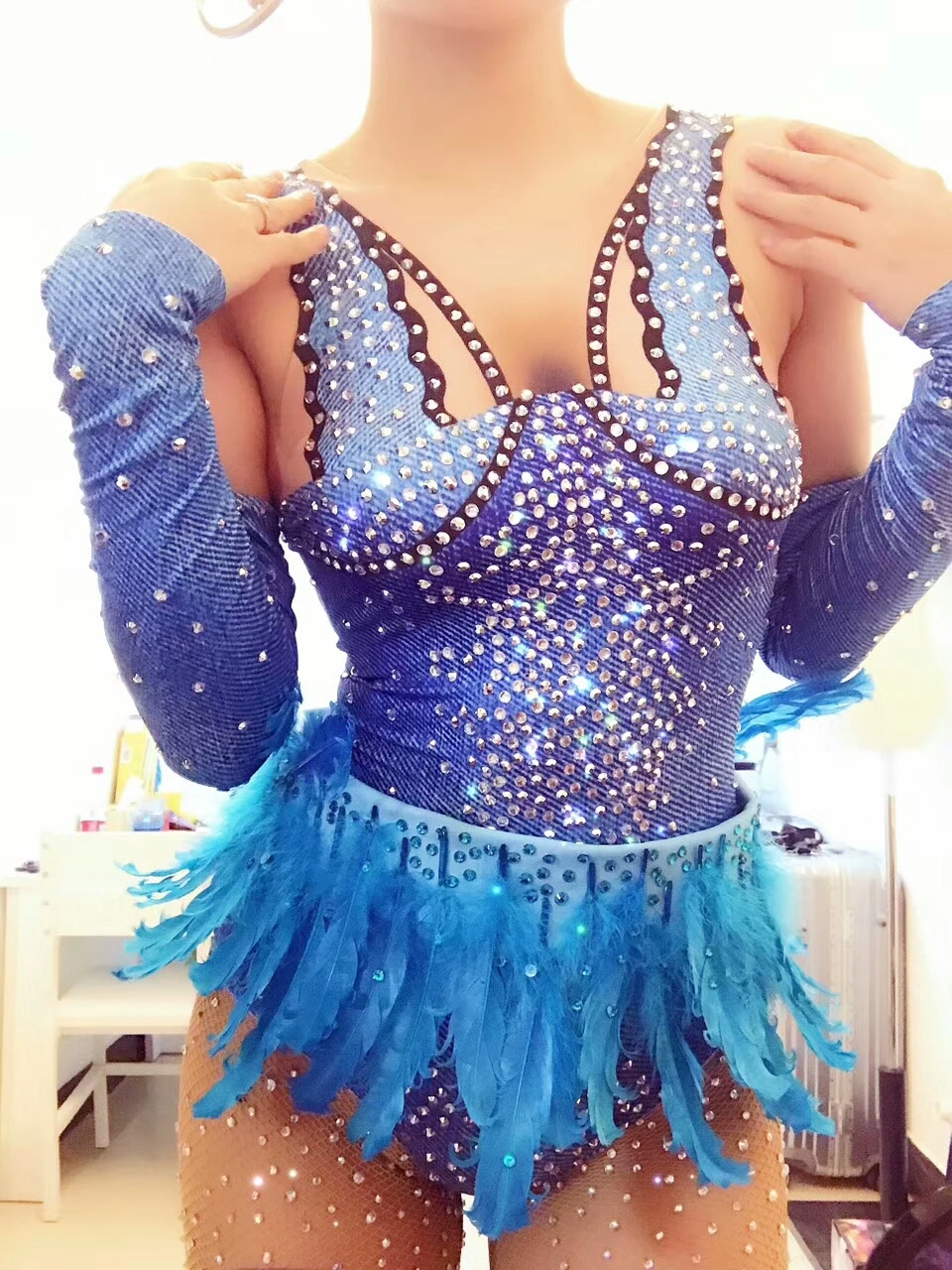 Blue Feathers Crystals Bodysuit Female sexy Skinny Catsuit Nightclub Bar DJ DS costumes Dancing Groups stage performance Clothes