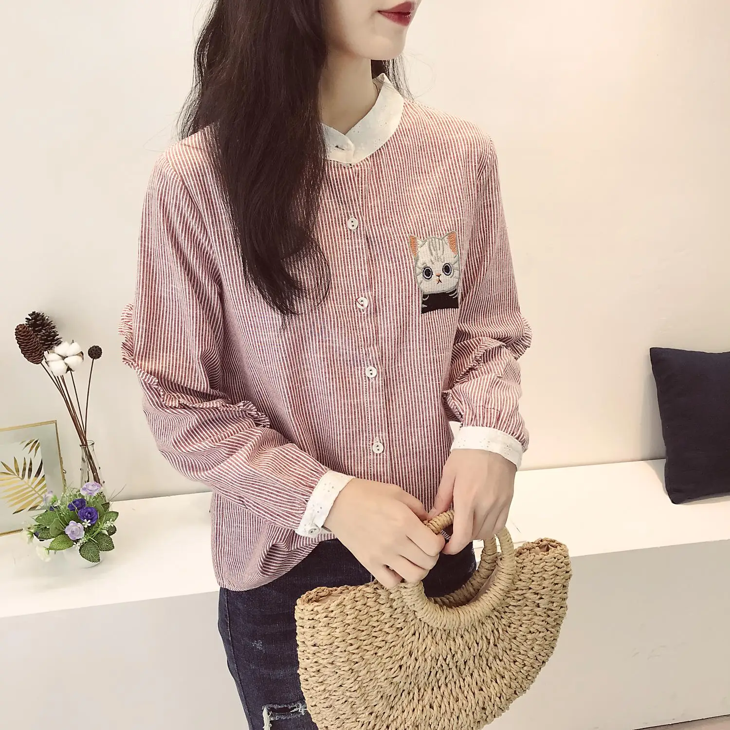 Blusas Femininas Новинка весны кошка вышивка полосатая блузка Для женщин с длинными