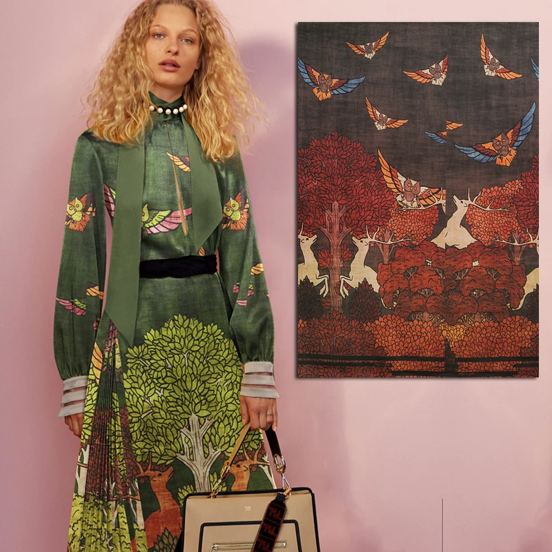 Абстрактные животные олень/птицы/деревья печать эластичная шелковая атласная