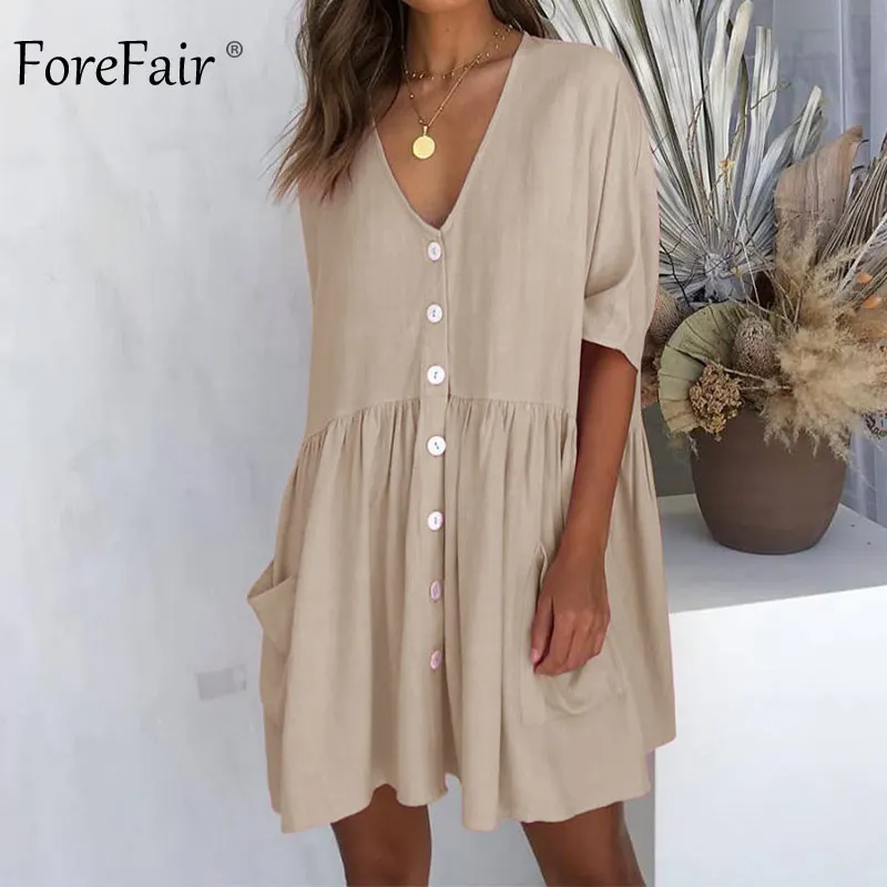 Женское пляжное платье Forefair свободное повседневное льняное с v образным вырезом