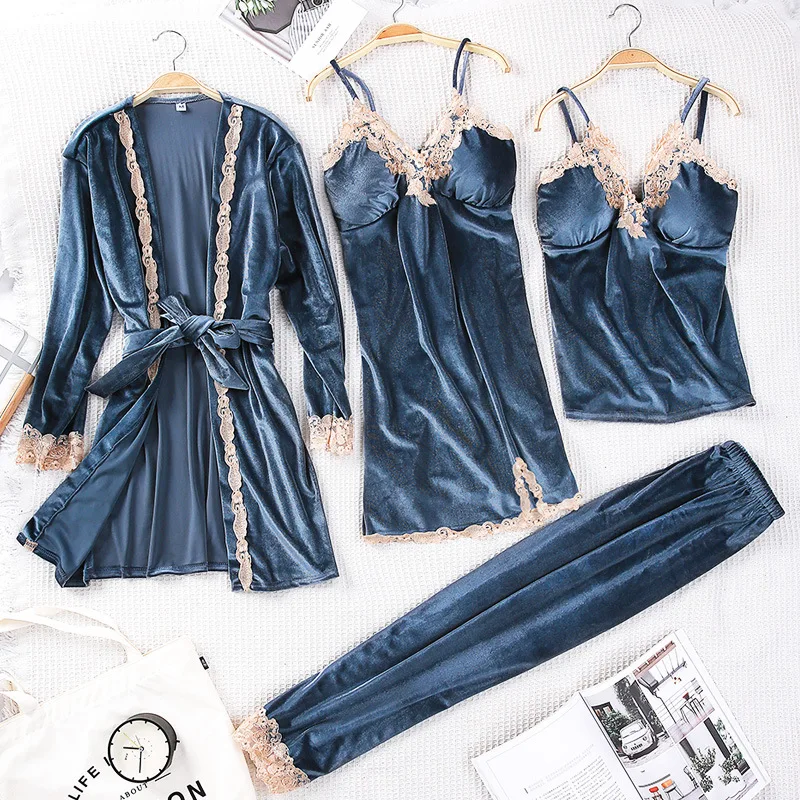 Fashion Navy Blue Gold Velvet 4 Peices Warm Pajamas Set Women Sexy Lace Sling Winter Sleepwear Long Sleeves Nightwear | Женская одежда