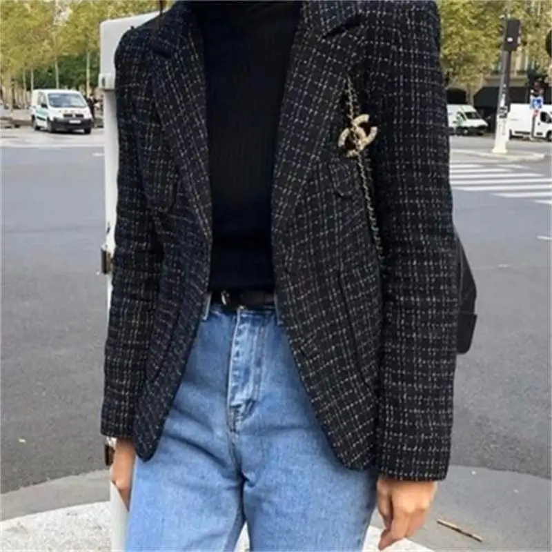 Пиджак женский в клетку маленький пиджак клетчатый стиле ретро Женское пальто