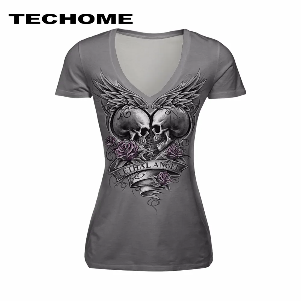 Футболка женская с коротким рукавом треугольным вырезом в стиле панк-рок 3D |