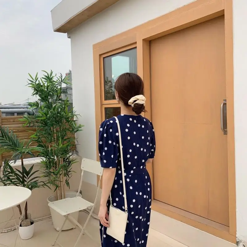 2019 New Style Chic Vintage Slim Square Neck Lantern Sleeve Long Polka Dot Dress Pink Yellow Blue 80s French | Женская одежда