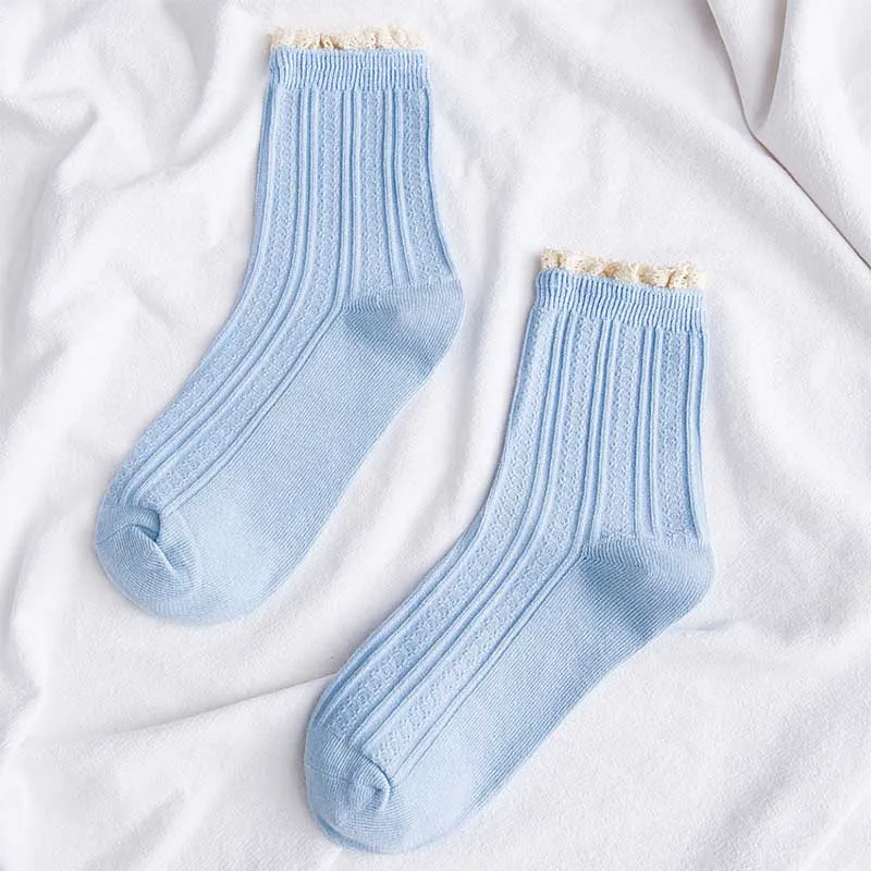 Light Blue Лидер продаж, 1 пара, женские хлопковые носки, Осенние однотонные кружевные милые повседневные дышащие белые женские модные женские носки - Цвет: Light Blue