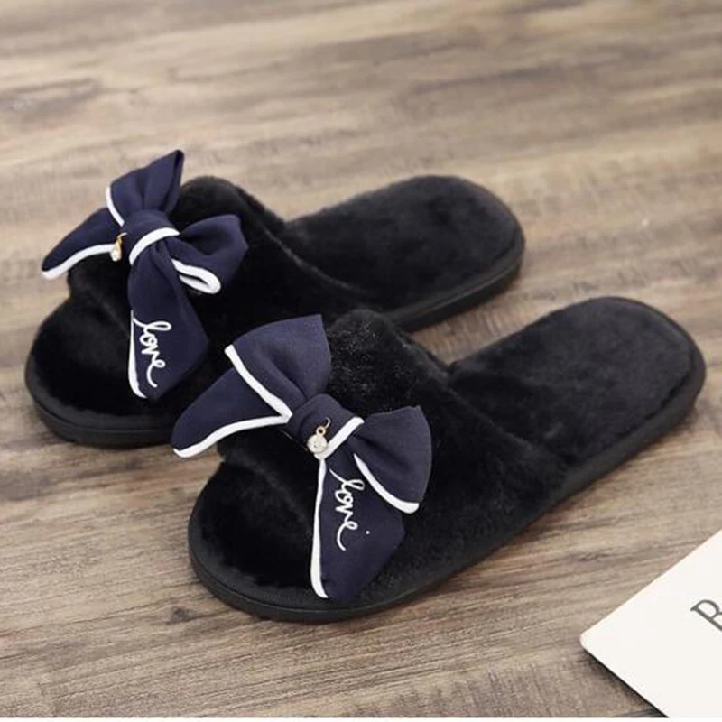 women Bow cotton slippers autumn and winter indoor home shoes fashion casual flat to keep warm soft flip flop sh610 | Обувь