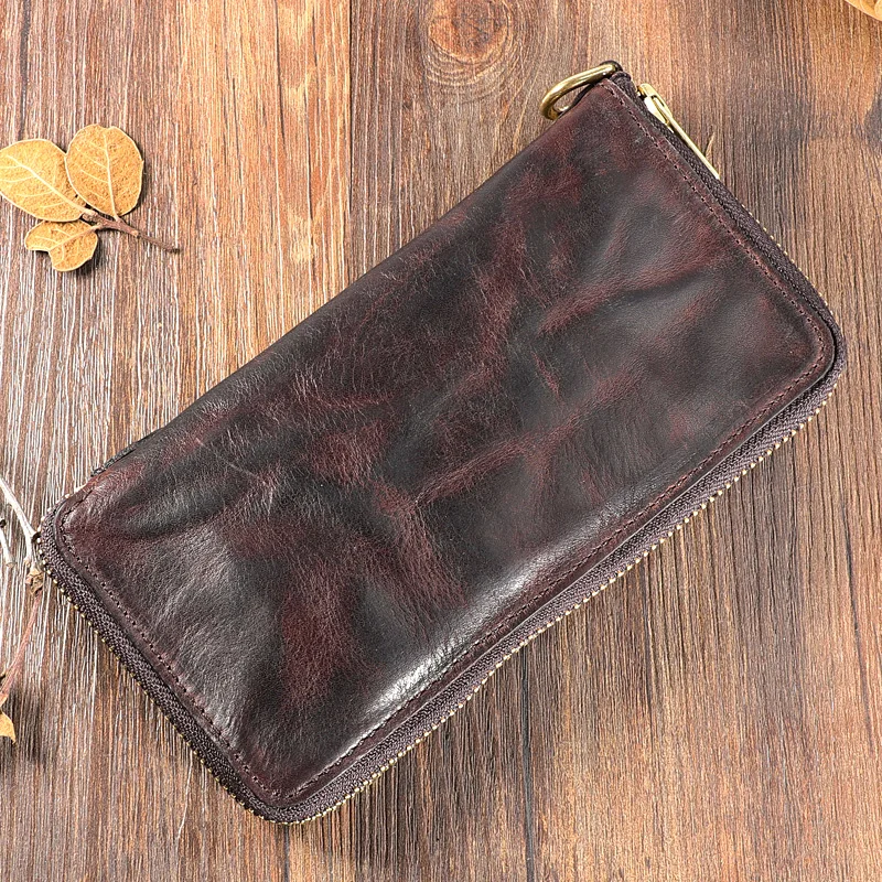 Unique Handmade 100% Genuine Cowhide Leather Men's Money Wallet Fold Retro Day Clutches Zipper Man Clutch Bag Card Holder Wallet