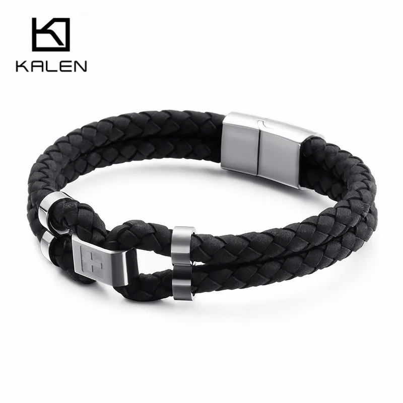KALEN Stainless Steel Bulgaria GoldBlack Cross Charm Bracelets Men 21cm Double Layer BlackRed Leather Jewelry | Украшения и