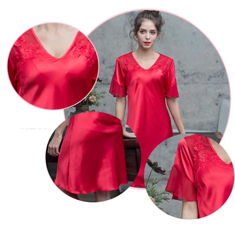 

V-neck lace short-sleeved silk nightdress female 2019summer new loose sexy ice silk nightdress thin section home service womens4