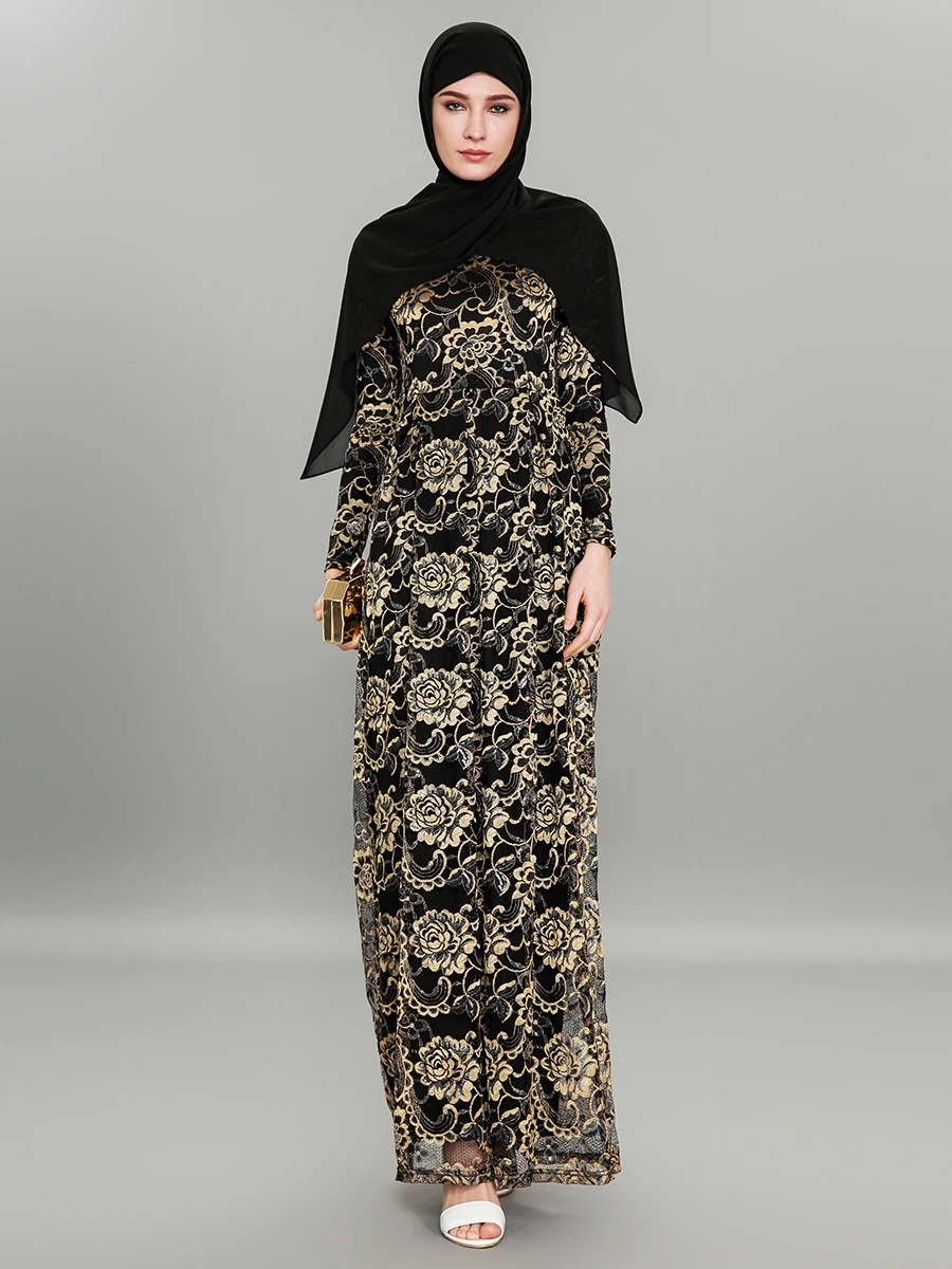 

Women Muslim Dress O Neck Long Sleeve Plus Size 2XL Elegant Club Party Islamic Abaya Dress Turkish Dubai Lace Dress