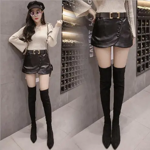 Новинка 2018 женские черные кожаные шорты юбки высокая талия узкие пуговицы
