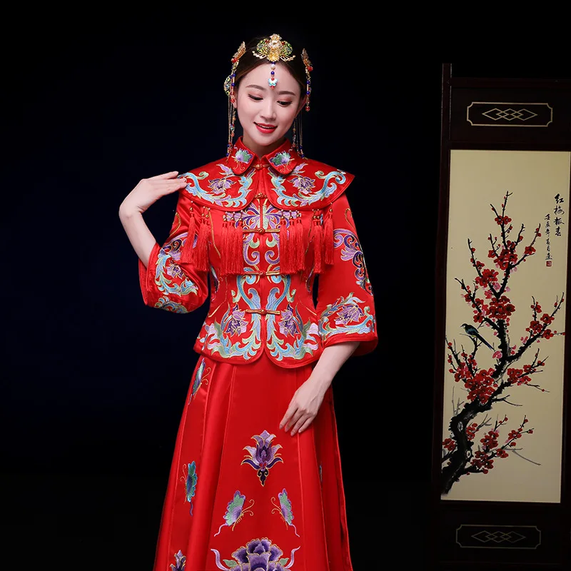 Oriental Bride Red Chinese traditional Wedding Gown Dress Women's Embroider Element Long Cheongsam | Тематическая одежда и