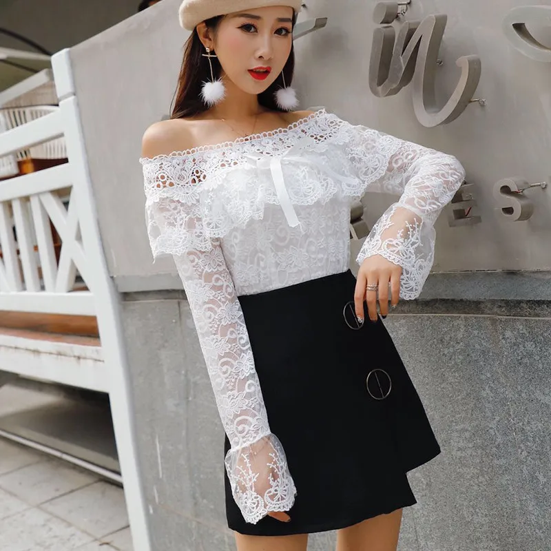 2019 Long Sleeve Ruffles Mesh Shirt Women Sweet Bow Floral Lace Blouse Female Slash Neck Hollow Out Bottoming Blouses Tops A1367