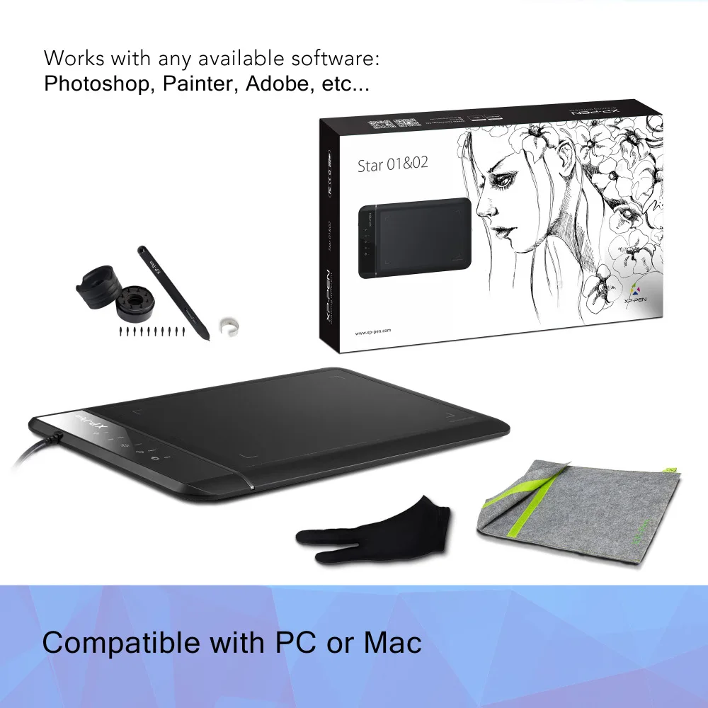 Графический планшет для рисования XP PEN Star 02 с рабчей облостью 8&quot x 5&quot и горячими