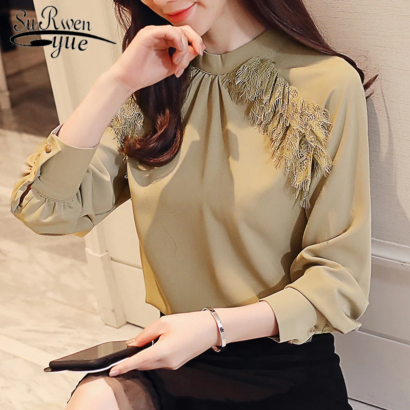 Модные Новые 2018 кружевные женские блузки рубашки шифоновые с длинным рукавом