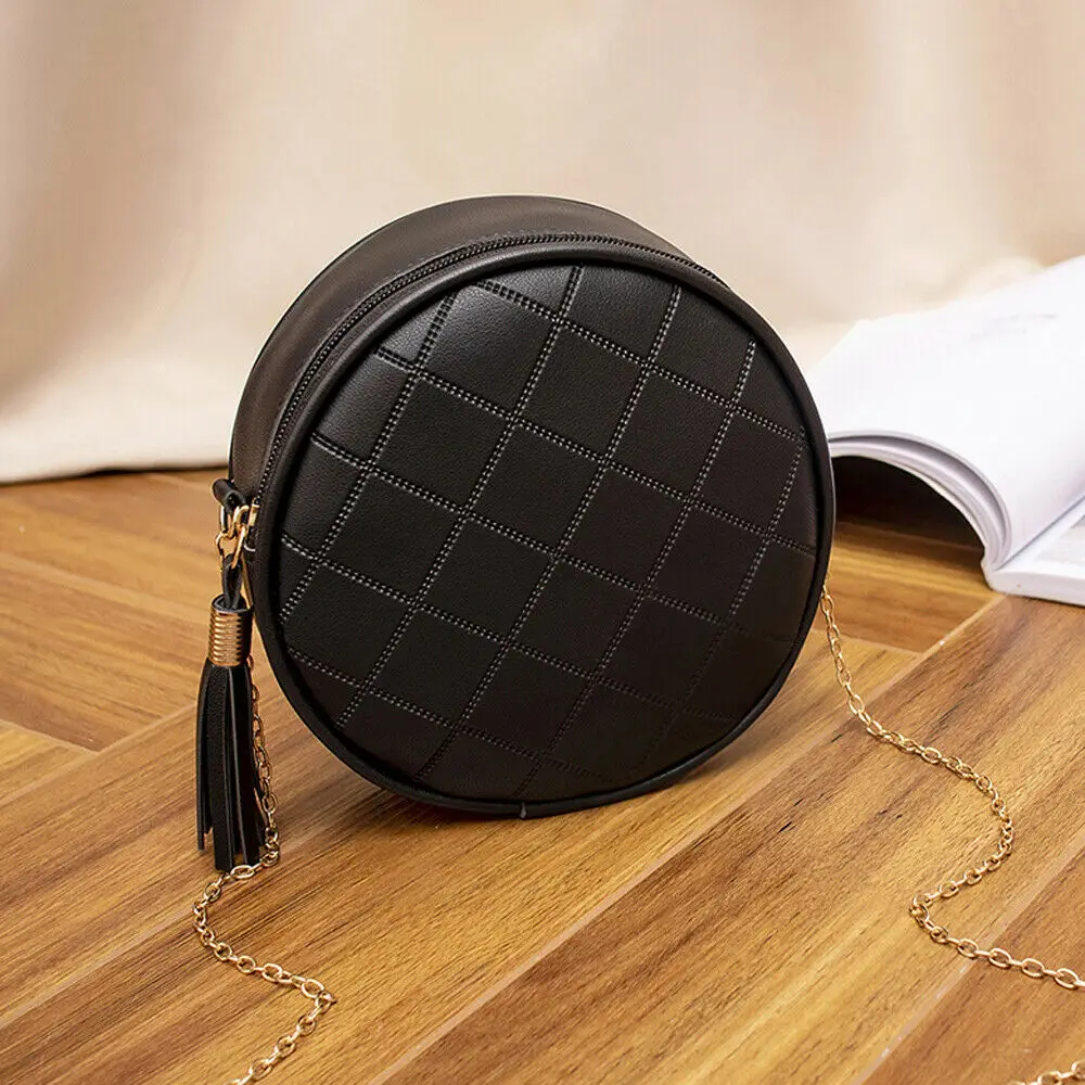 

New Fashion Women Round Tassel Chain Messenger Bag Lady PU Leather Diamond Lattice Circular Cross-body Handbag