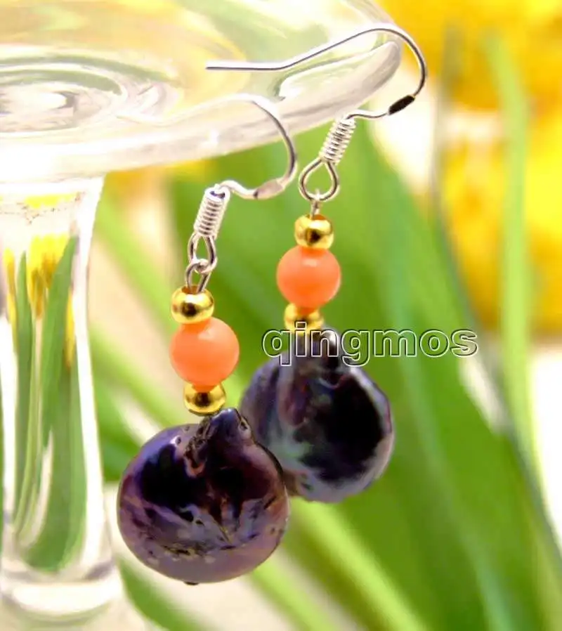 

12-13mm Black Coin Round Natural Freshwater Pearl and 5-6mm Pink Coral dangle Earring-ear468 wholesale/retail Free shipping