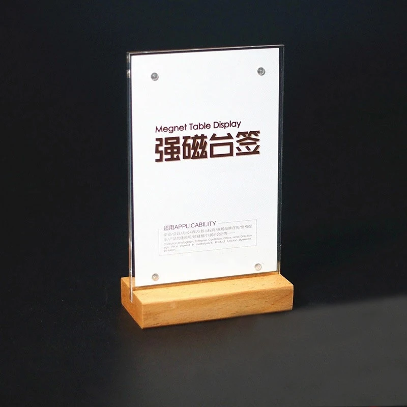 

A6/A5/A4 Wood Desktop Exhibition Drinks Menu Card Holder, Acrylic Clear Panel Magnetic Paste Price Tag Card for Restaurant List