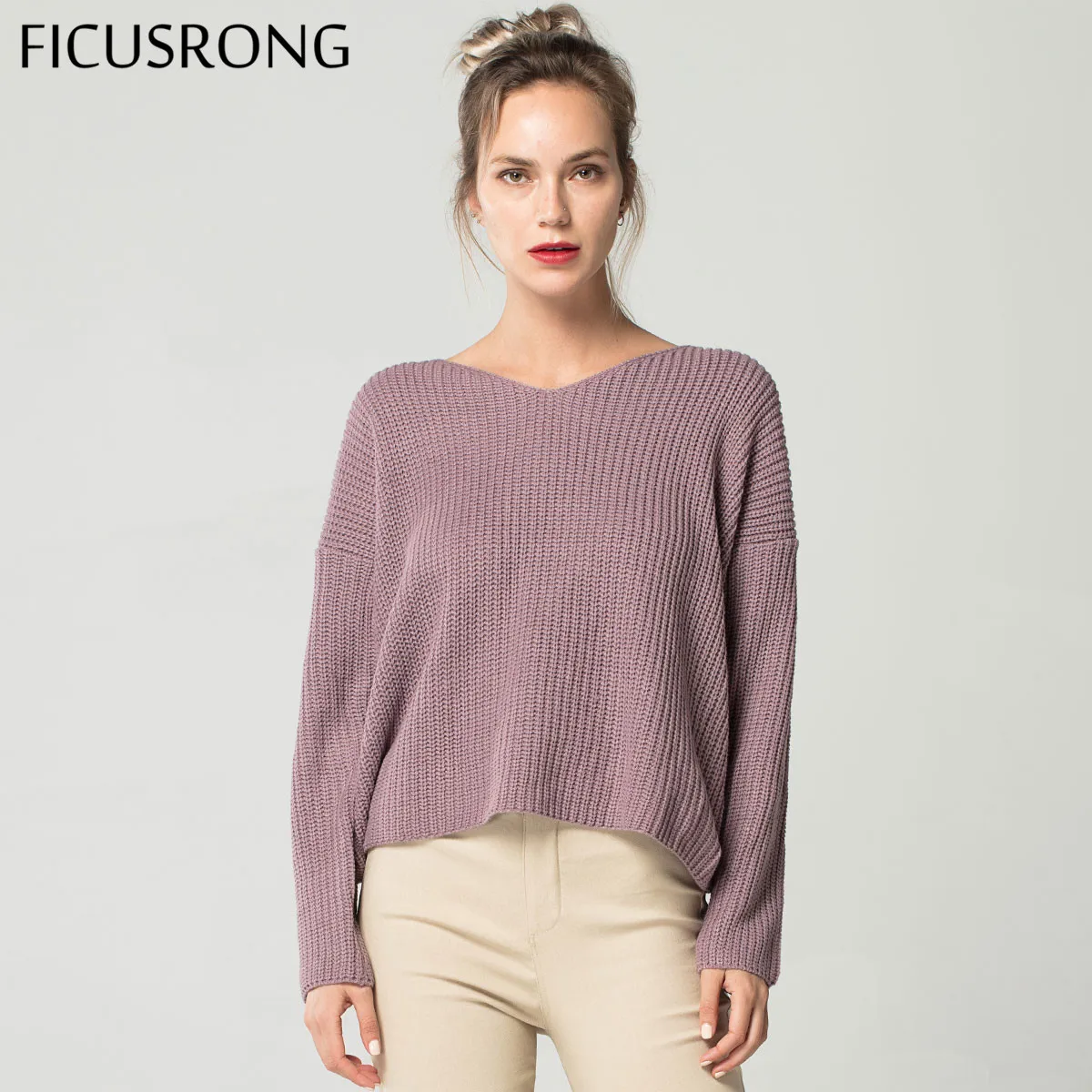 2019 V Neck Twisted Back Sweater Women Jumpers Autumn Pullovers Casual Tops Long Sleeve Knitted Sweaters pull femme FICUSRONG | Женская