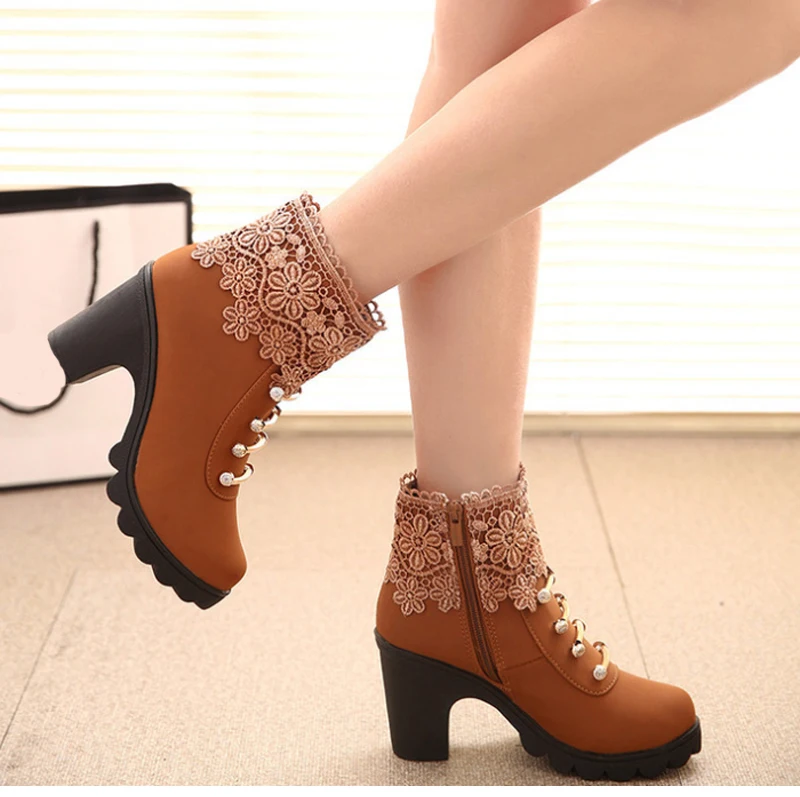 Brown Women Boots Ankle High Heels Thick Bottom Shoes New British Style Lace Rhinestone PU Woman | Обувь