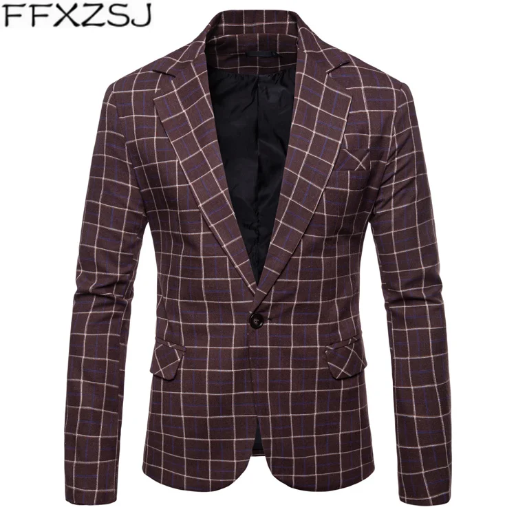

FFXZSJ Brand Blazers Mens Chest 104-120cm Suits Men Plaid Spring Lattice Men Blazers Slim Cotton Autumn Gray Suits Male SizeM-3X
