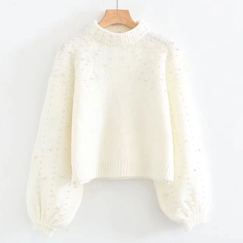 beige white Bigsweety женские свитера с высоким воротом, свитер с жемчужинами, осенне-зимний фонарь теплого света, женский джемпер, вязанные пуловеры - Цвет: beige white