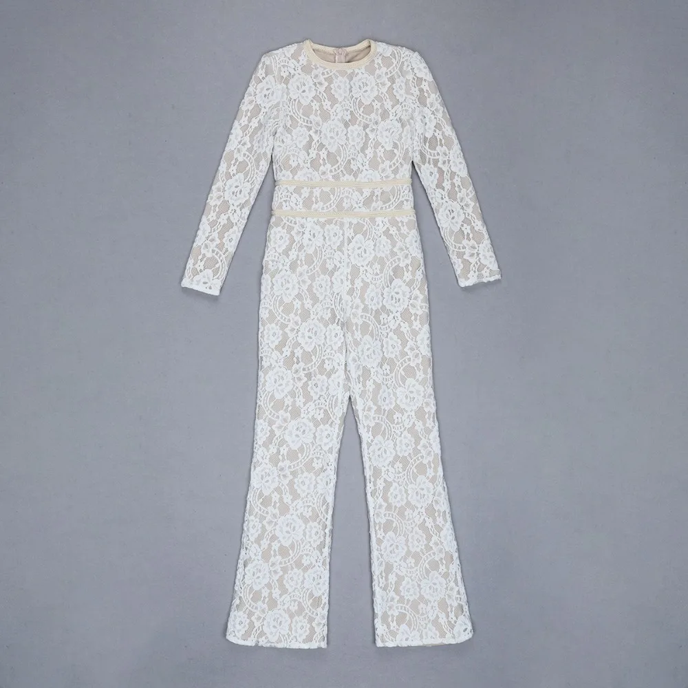Женский кружевной комбинезон белый без бретелек в стиле Звезд для ночного клуба