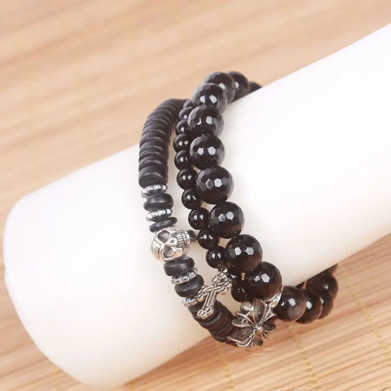 3 шт./компл. природы камня бисера цепи Браслеты комплекты с скелета и крест цветок