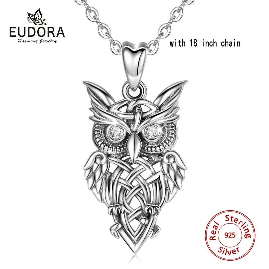 with 18 inch chain EUDORA 925 пробы серебряная подвеска в форме Совы винтажная Серебряная серия ожерелье с прозрачным CZ кристаллом модное ювелирное изделие для женщин мужчин CYD445 - Окраска металла: with 18 inch chain
