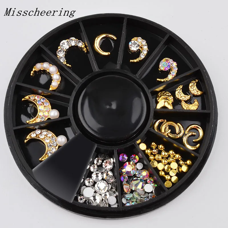 

New 1 Box Crescent Moon Design Gold Color Jewelry Nail Art Decorations And Shiny Crystal Rhinestones Gem 3D Manicure Accessories