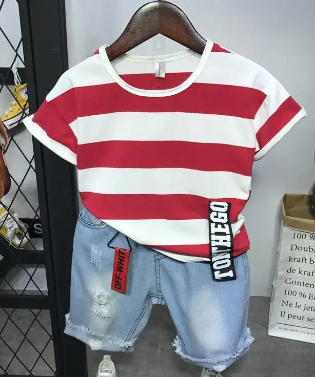 T-shirt and shorts Летняя одежда для маленьких мальчиков, 2 предмета полосатая футболка с короткими рукавами+ джинсовые шорты Популярные штаны комплект повседневной одежды - Цвет: T-shirt and shorts