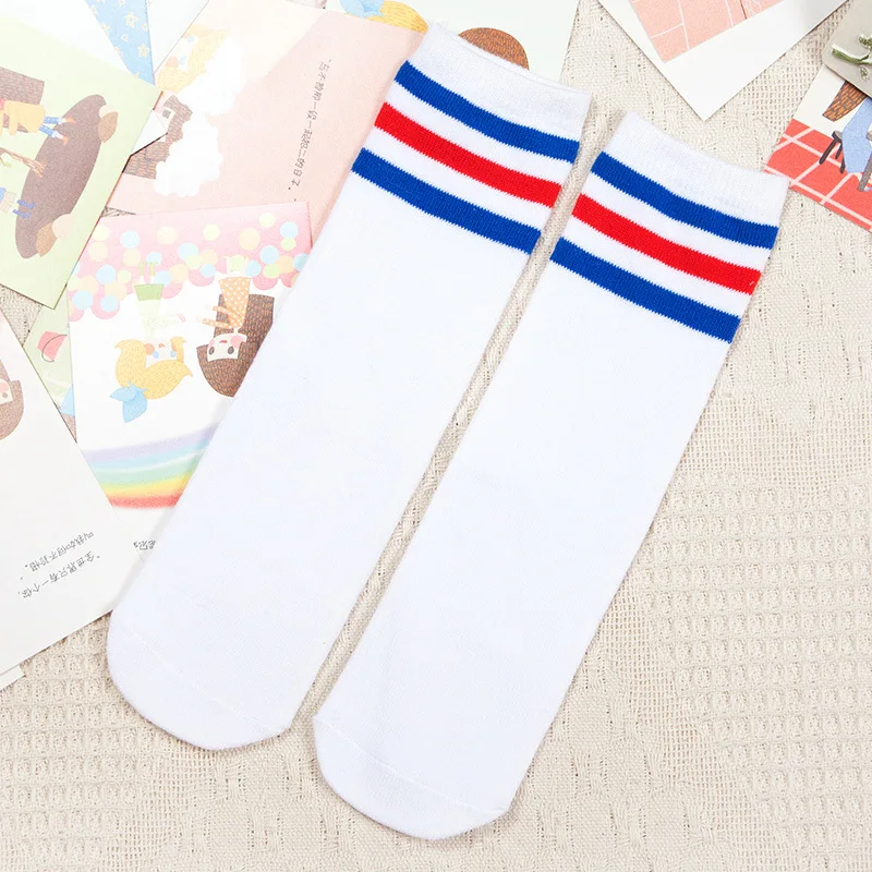 white red blue 1 пара, хлопковые детские гольфы для девочек и мальчиков, футбольные полосатые спортивные школьные белые носки детские длинные теплые носки без пятки - Цвет: white red blue