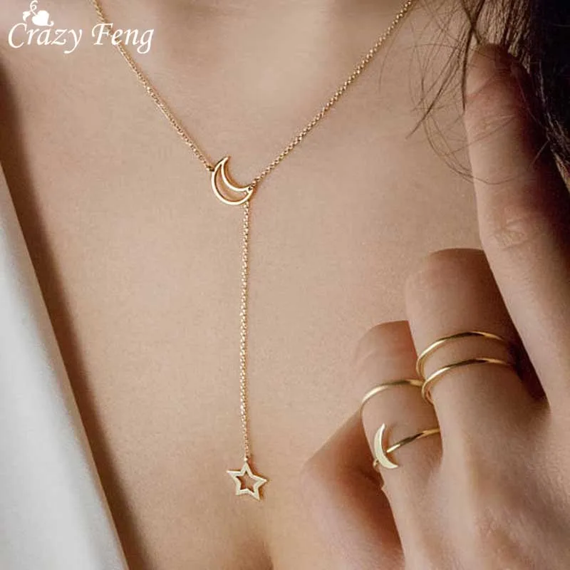 Женское длинное ожерелье Crazy Feng милое с длинной подвеской звездой месяцем
