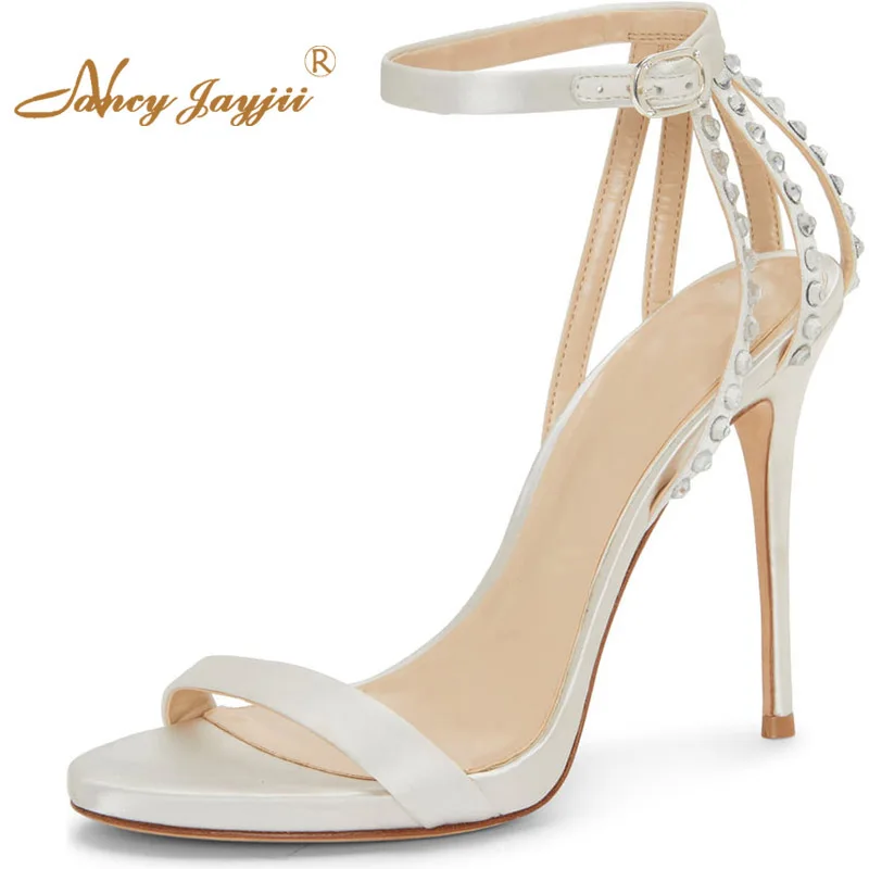 

White&Black Crystal Wedding Shoes 2022 High Thin Heels Sandals Woman Buckle Strap Open Toe Large Size 11 12 Elegant Sexy Fashion